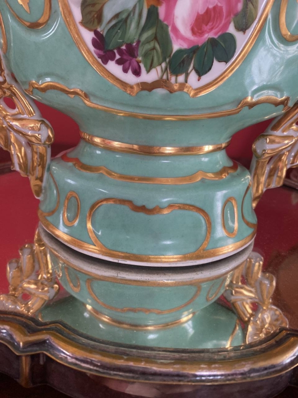 19th Century French Old Paris Vase in Soft Mint Green with Hand-Painted Floral Decoration