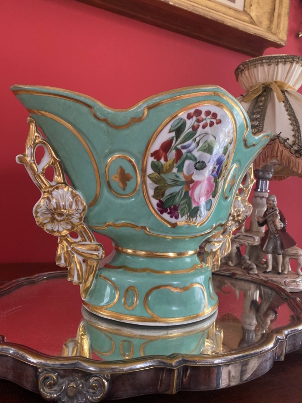 19th Century French Old Paris Vase in Soft Mint Green with Hand-Painted Floral Decoration