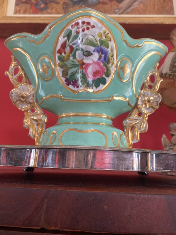 19th Century French Old Paris Vase in Soft Mint Green with Hand-Painted Floral Decoration