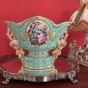19th Century French Old Paris Vase in Soft Mint Green with Hand-Painted Floral Decoration