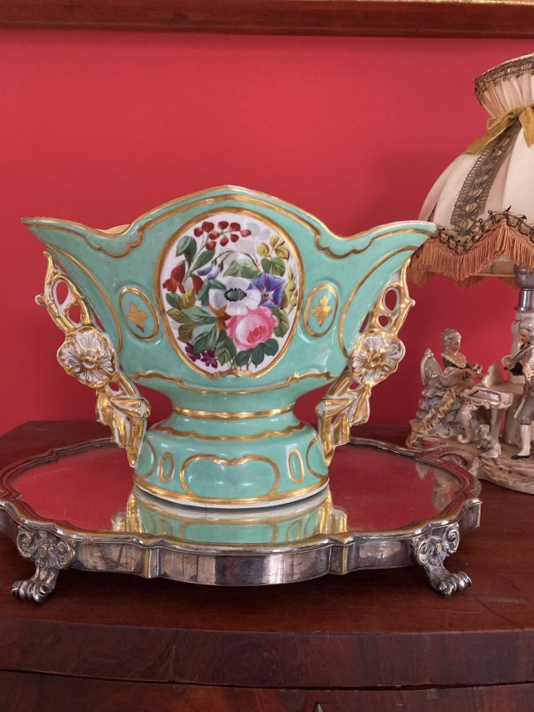 19th Century French Old Paris Vase in Soft Mint Green with Hand-Painted Floral Decoration