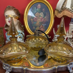 Antique Italian Yellow Glass Perfume Set with Gilded Bottles and Original Pear Atomizer