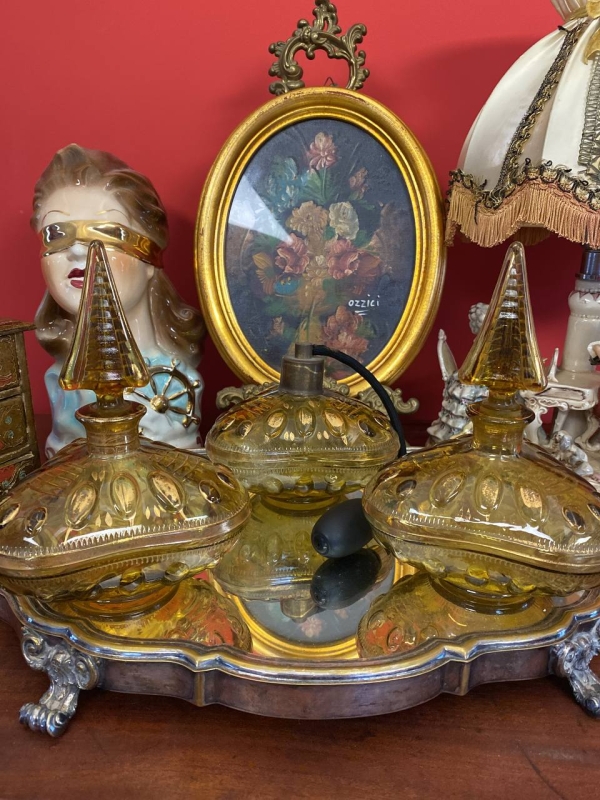 Antique Italian Yellow Glass Perfume Set with Gilded Bottles and Original Pear Atomizer