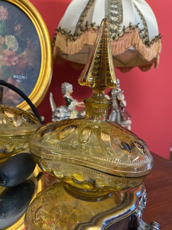 Antique Italian Yellow Glass Perfume Set with Gilded Bottles and Original Pear Atomizer