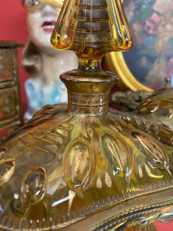 Antique Italian Yellow Glass Perfume Set with Gilded Bottles and Original Pear Atomizer