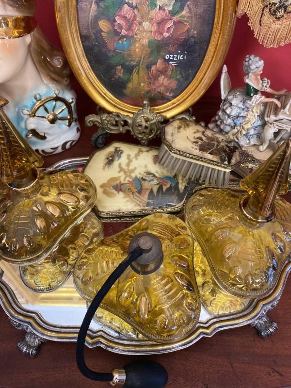 Antique Italian Yellow Glass Perfume Set with Gilded Bottles and Original Pear Atomizer