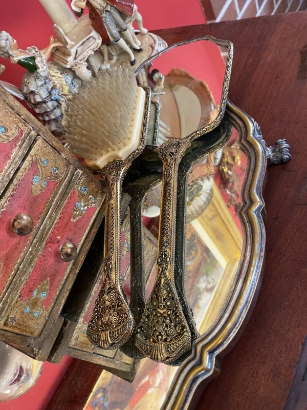 Antique Bronze or Brass Japanese Style Comb and Mirror Vanity Set, Large Decorative Pair