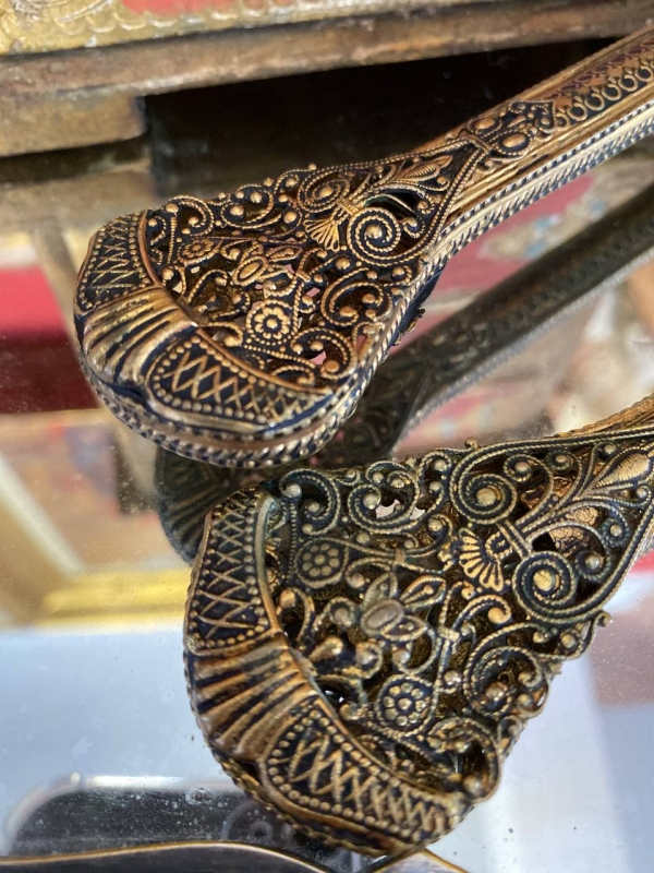 Antique Bronze or Brass Japanese Style Comb and Mirror Vanity Set, Large Decorative Pair