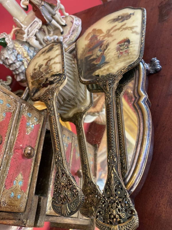 Antique Bronze or Brass Japanese Style Comb and Mirror Vanity Set, Large Decorative Pair