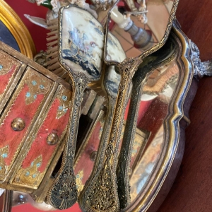 Antique Bronze or Brass Japanese Style Comb and Mirror Vanity Set, Large Decorative Pair