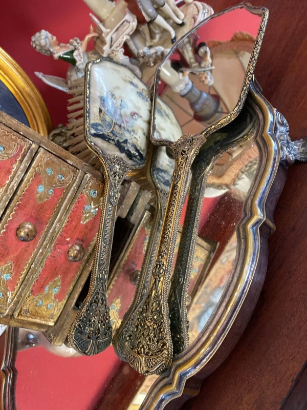 Antique Bronze or Brass Japanese Style Comb and Mirror Vanity Set, Large Decorative Pair