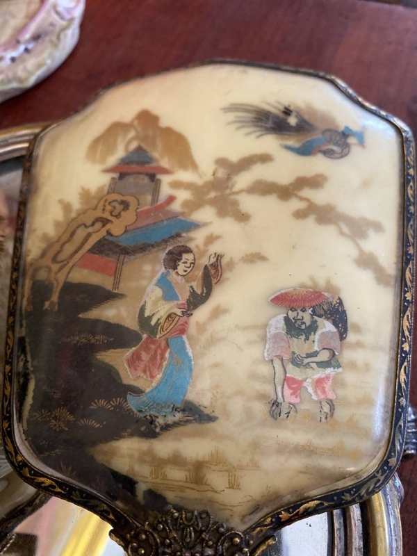 Antique Bronze or Brass Japanese Style Comb and Mirror Vanity Set, Large Decorative Pair