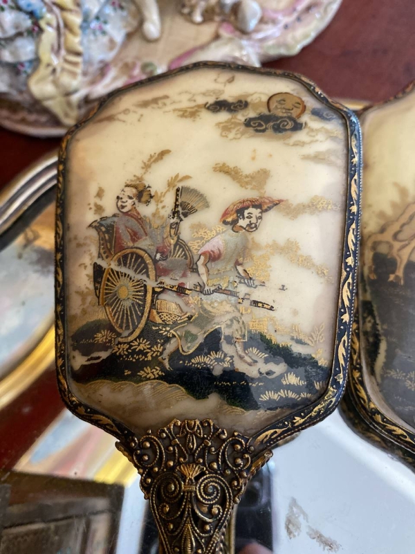 Antique Bronze or Brass Japanese Style Comb and Mirror Vanity Set, Large Decorative Pair