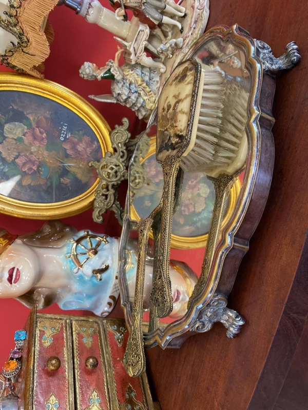 Antique Bronze or Brass Japanese Style Comb and Mirror Vanity Set, Large Decorative Pair