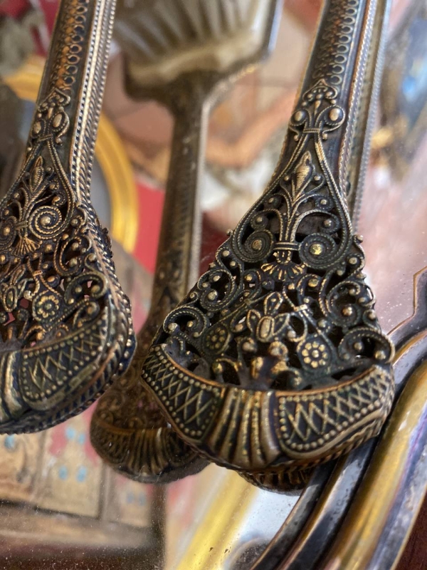 Antique Bronze or Brass Japanese Style Comb and Mirror Vanity Set, Large Decorative Pair