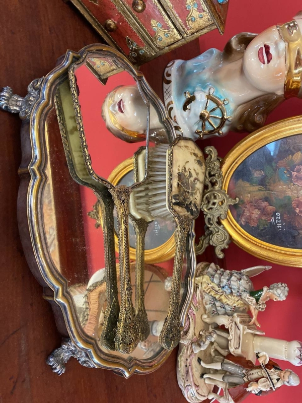 Antique Bronze or Brass Japanese Style Comb and Mirror Vanity Set, Large Decorative Pair