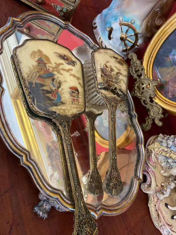 Antique Bronze or Brass Japanese Style Comb and Mirror Vanity Set, Large Decorative Pair